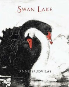Cover of a book with a black swan and a white swan hugging