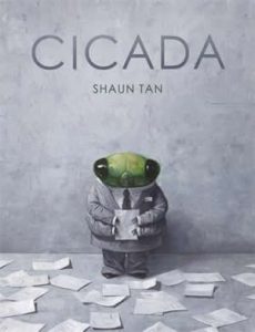Cover of a book showing a green cicada in a grey suit surrounded by papers