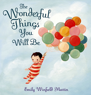 Cover of a book showing a painting of a baby in striped PJs holding onto a bunch of balloon flying through the air