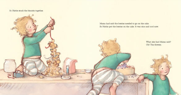 Illustration on a double page spread in a picture book showing a small child baking alone in the kitchen