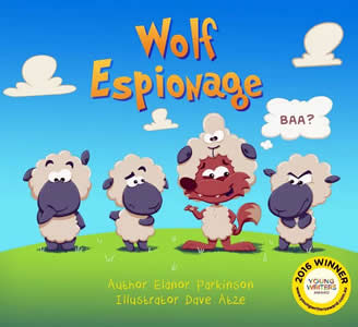 Cover of a book showing cartoon characters of 3 sheep and one wolf dressed up as a sheep
