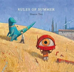 Cover of a book with a painting of two boys in a field with large mechanical toys