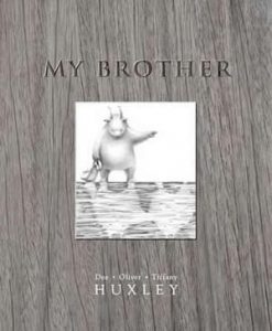 Cover of a book with a furry horned creature stands holding his arm around his invisible brother, but sees both himself and his brother's reflection in the water