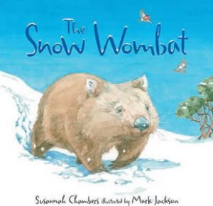 Cover of a book with a watercolour painted wombat walking in snow