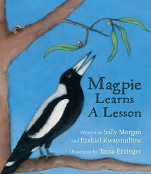 Cover of a book showing a drawing of a magpie in a tree looking up with his beak open and blue sky in the background