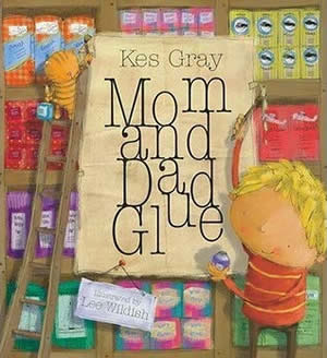 Cover of a book showing a blonde kid in a store with a glue pot and brush and a cat on a ladder with the same