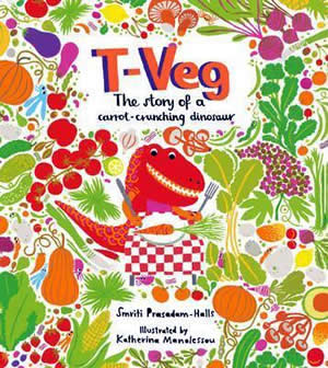 Cover of a book showing illustrations of a red dinosaur surrounded by loads of colourful fruit and veggies