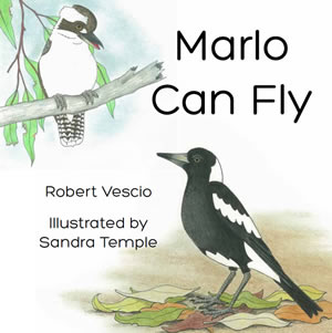 Cover of a kid's book with an illustration of a magpie on the ground looking up at a kookaburra on a branch